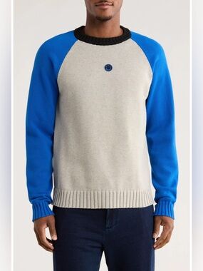HUGO Men's Colorblock Raglan Crewneck Sweater Blue Gray Size M 100% Cotton NWT